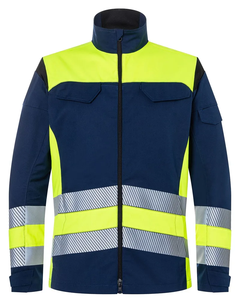 Work jacket with reflective tape, navy and yellow, front view