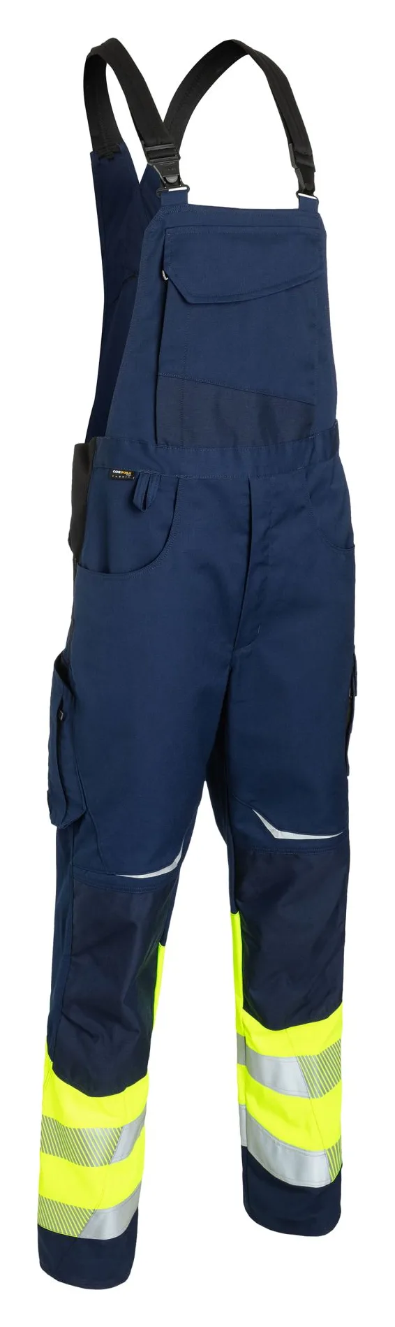 Salopette da lavoro, blu navy e giallo, vista frontale